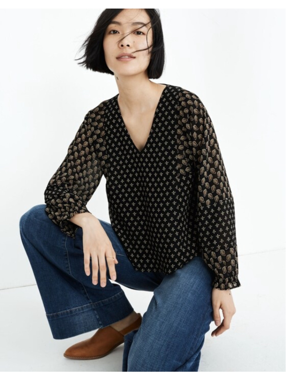 Women's Madewell Sheer-Sleeve Top in Brushstroke Paisley - Size S